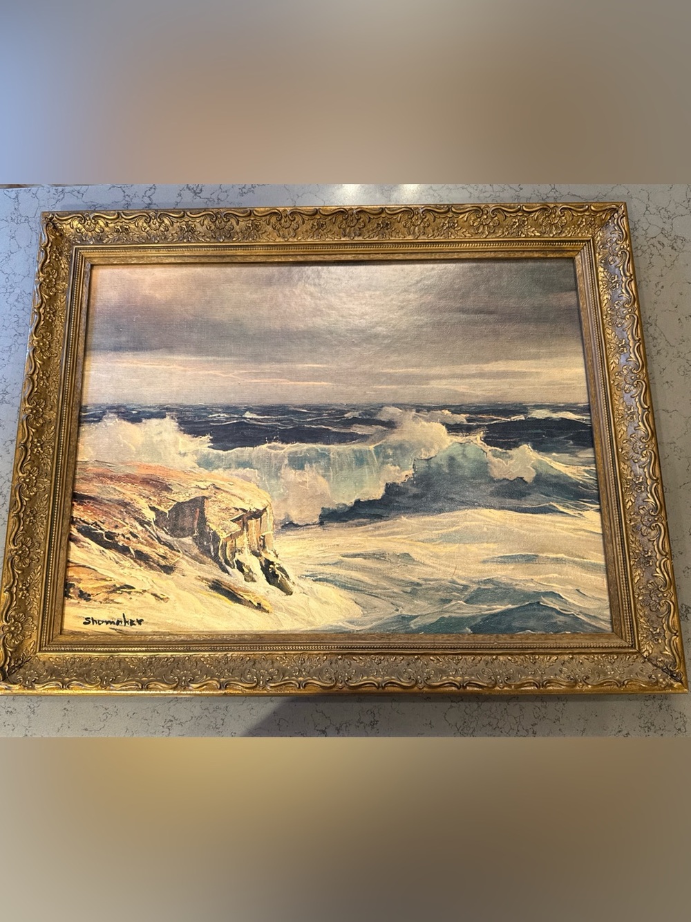 Vintage Philip Shumaker Seascape Painting- Huge Ornate Gold Frame